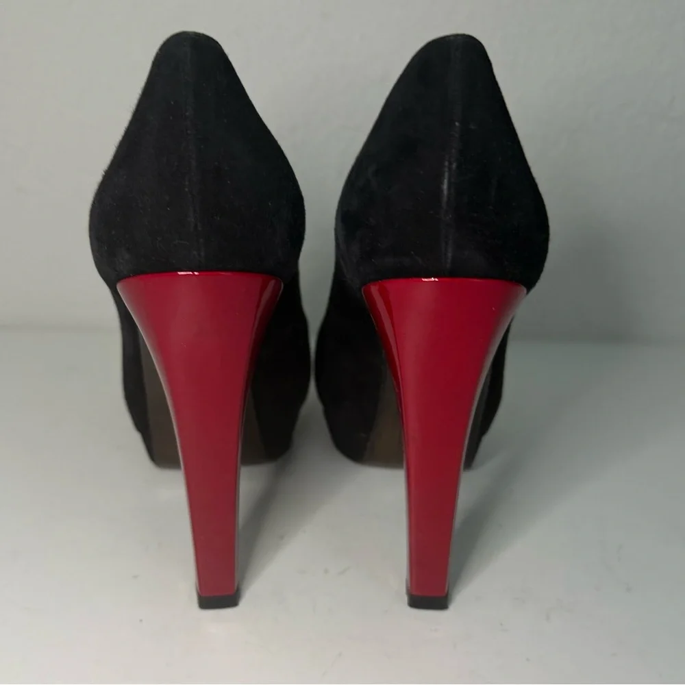 STUART WEITZMAN Puente Black Suede Red Leather Peep-Toe Platform Heels Size 9.5